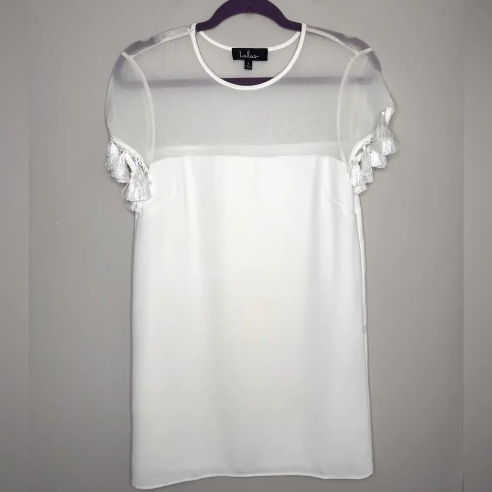 Lulus White Shift Dress with Fringe Size Small Ivory - Picture 2 of 7